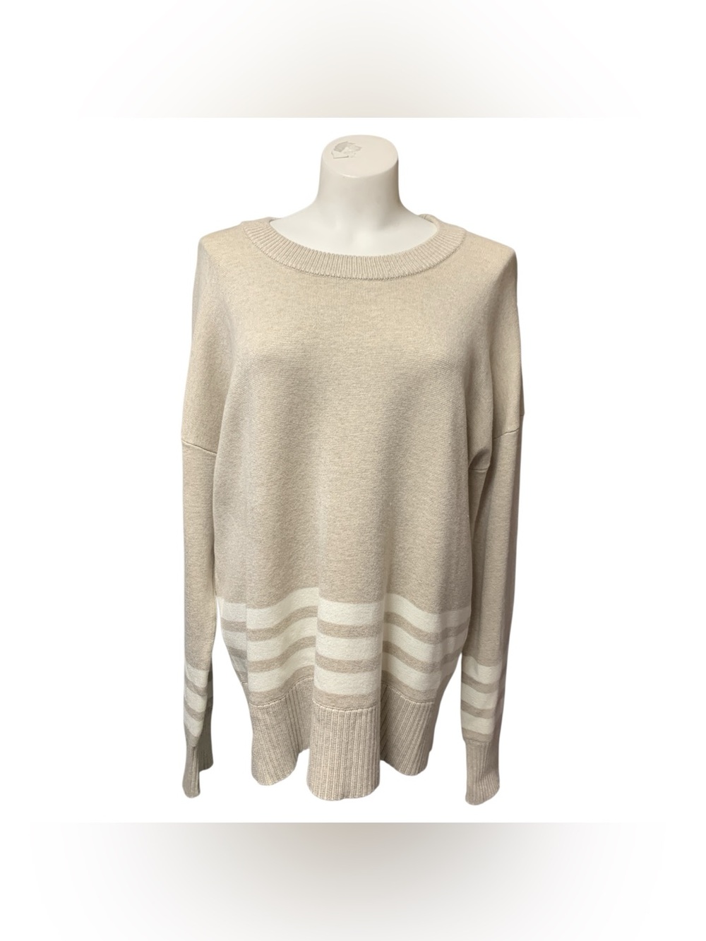 Cyrus Cream and White Striped Hem Scoop-Neck Sweater Size L